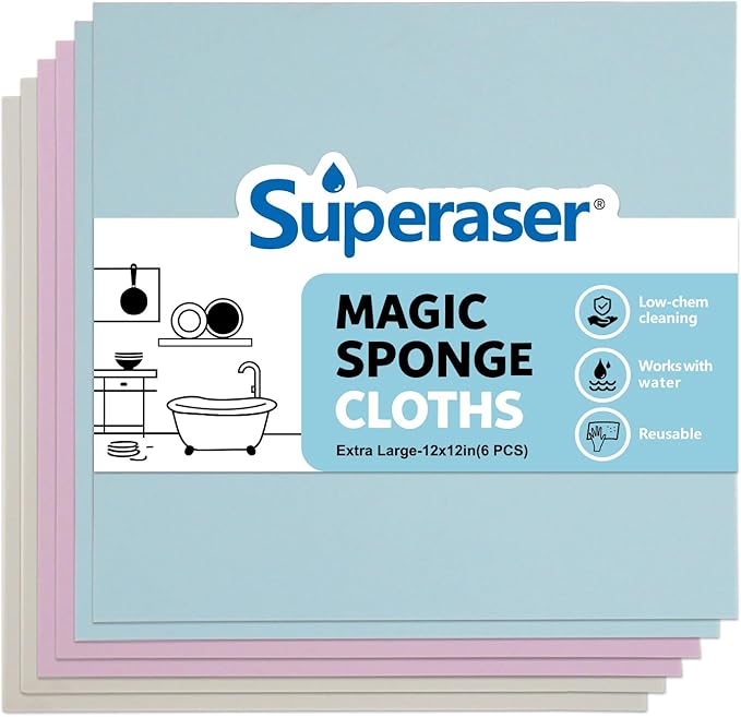Oversized Magic Cleaning Pads, Melamine Foam Eraser Cloths, Tough Stain Remover for Kitchen, Bathroom, Walls & More, No Chemical Needed (12x12 Multicolor, 6 Pack)