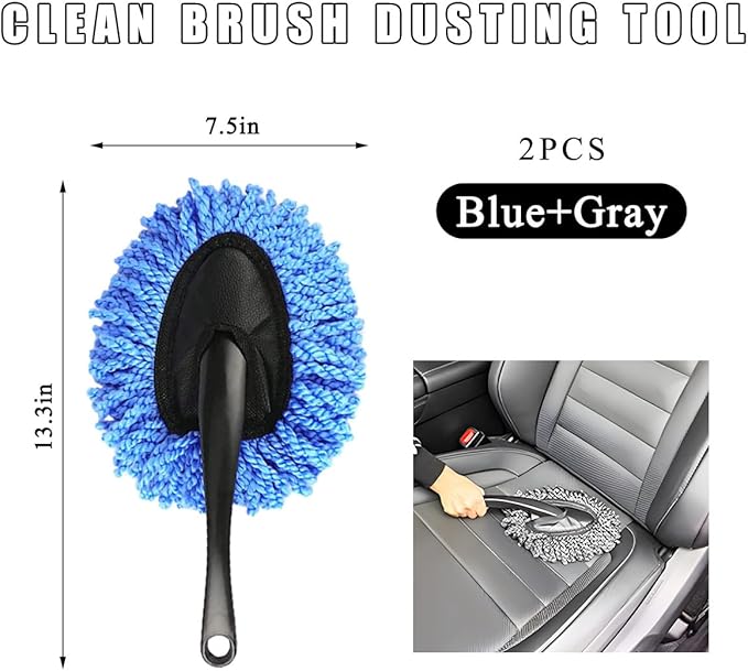 2 PCS Car Dash Duster Brush, Super Soft Microfiber Multi-Functional Car Cleaning Brush, Scratch Free Dash Dusting Tool with a Anti-Skid Handle for Vehicle Home Kitchen Cleaning (Gray+Blue)