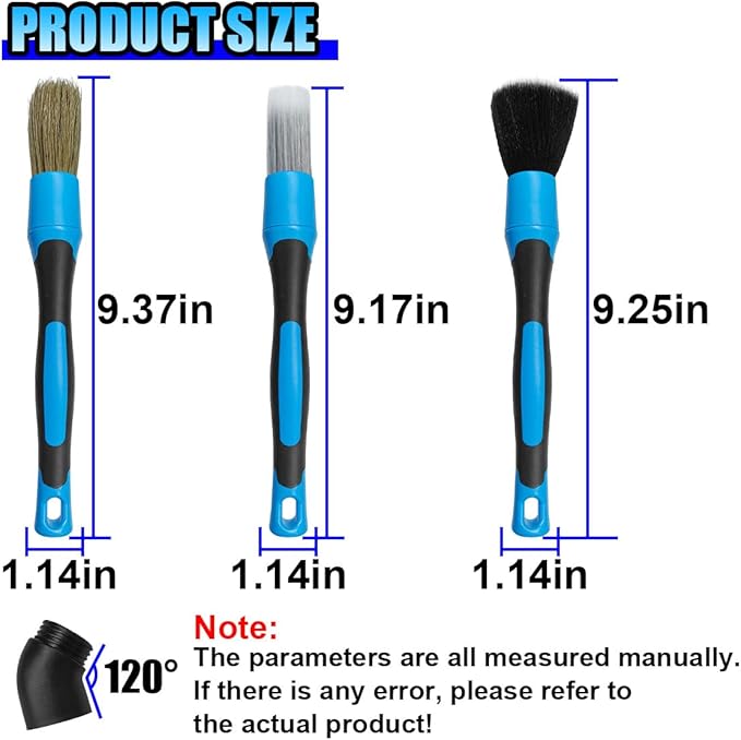 3PCS Car Detailing Brush Set, Soft Boars Hair No-Scratch Automotive Cleaning Brushes, Car Interior & Exterior Dusting Brush Auto Detailing Supplies for Air Vent, Leather Seat, Wheel (Blue)