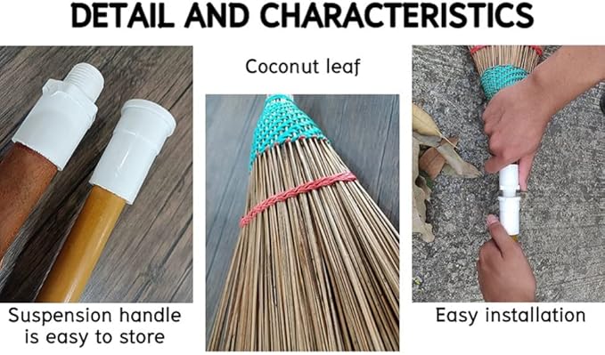 Natural Coconut Leaf Broom - 61 Inch, Multi-Surface Outdoor Broom - Sweeps Snow & Wet Leaves - Sturdy Bamboo Handle - Asian Heavy Duty