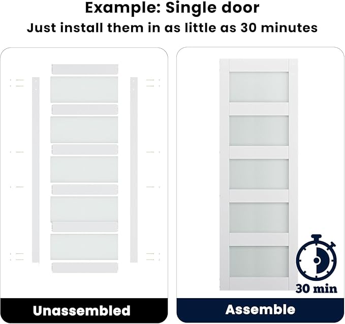 SmartStandard 42 x 84 in (Double 21×84 Door) Glass Barn Door with 7FT Sliding Hardware Kit & Handle, Pre-Drilled Ready to Assemble, Waterproof PVC Coating, 5-Panel Glass, White