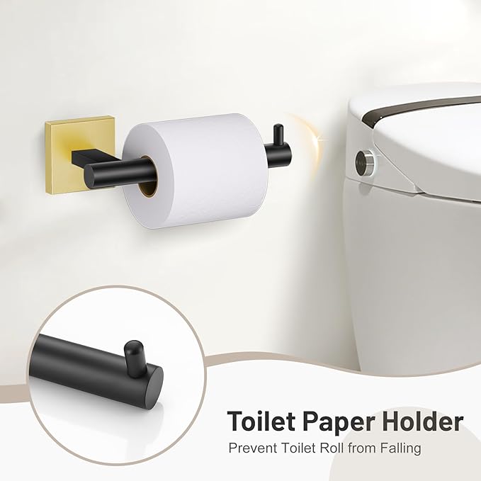Towel Ring Set 4 Piece Bathroom Hardware Set Includes Towel Ring 2 Towel Hooks and Toilet Paper Holder Stainless Steel Wall Mounted (Black Gold)