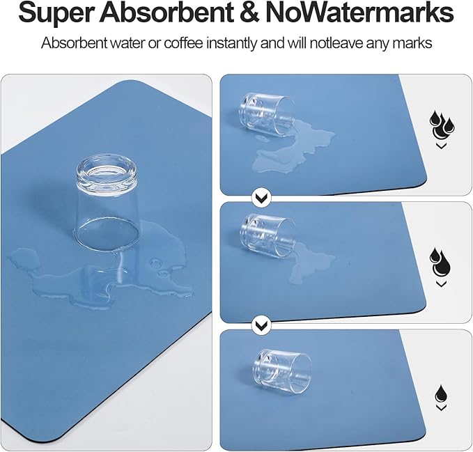 Dish Drying Mat for Kitchen Counter | Coffee Bar Mat for Countertops | Heat Resistant Drainer Mat with Non-slip Rubber Backed | Hide Stain Kitchen Absorbent Draining Mat | Blue 18"x32"