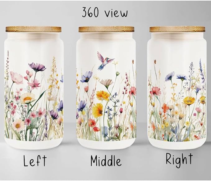 Floral Iced Glass Cups with Bamboo Lids and Straws 16oz Wildflower Bible Coffee Cup Gift for Women Butterfly Flower Drinking Glass with Cleaning Brushes, Flower Gifts for Mother Bridesmaid Party