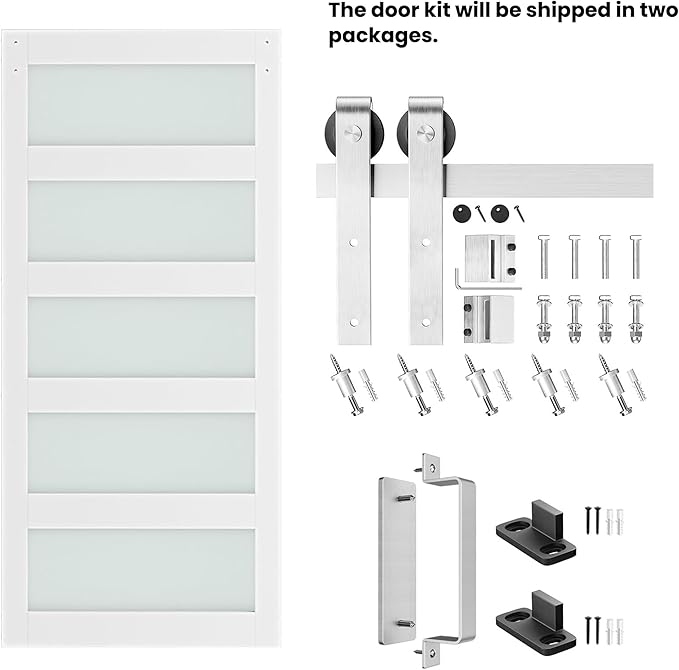 42'' x 84'' Glass Barn Door and 7 Ft Brushed Nickel Hardware Kit Included, MDF White Barn Door Slab with Frosted Glass, PVC Surface, Combined with Handle and Floor Guide-Assembly Required