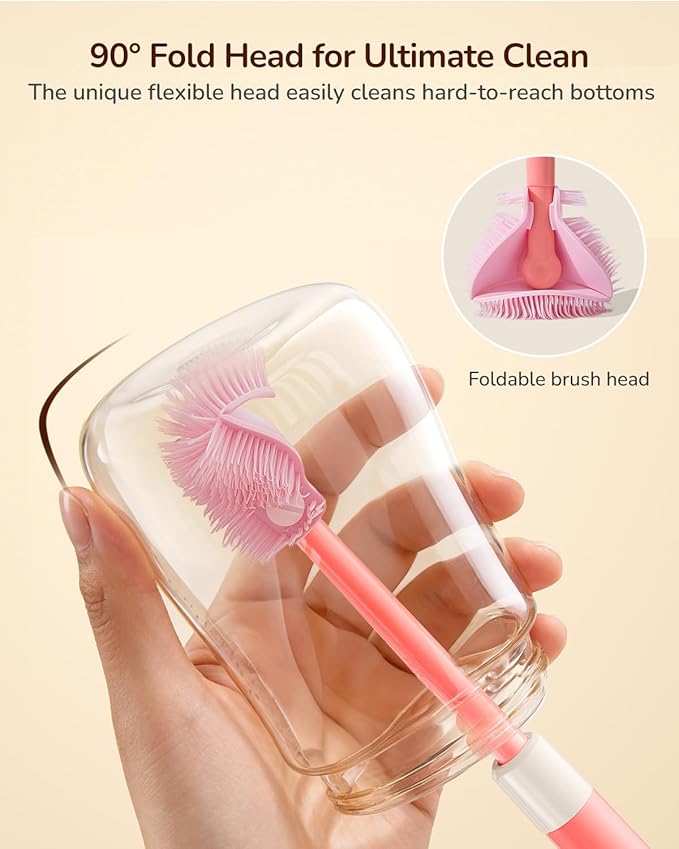 Extendable Bottle Brush with Straw Cleaner Brush, 10.8 to 14 Inches Adjustable Long Handle Water Bottle Scrubber for Cleaning Glasses, Cups, Coffee Mugs, tumblers with Replacement Head, Pink