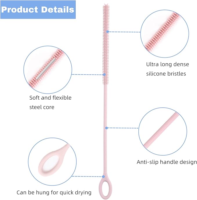 4Pcs Reusable Silicone Straw Cleaner Brush Extra Long, Soft Bendable, Non-Slip Handle for Glass Metal Smoothie Straws (Blue&Brown)