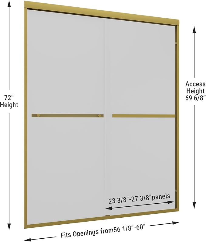 Shower Door 56-60" W * 72" H, Brushed Gold Double Sliding Shower Door with 1/4"(6mm) Tempered Glass, Shower Glass Door Easy to Clean