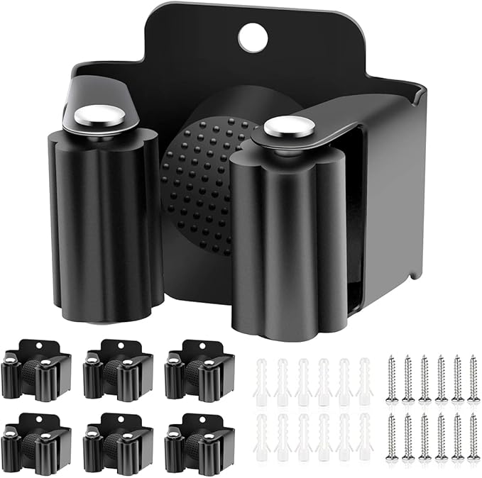 Verdenu 6 Pack Broom Holder, Stainless Steel Command Broom Holder with Screws, Garden Tool Rack for Kitchen, Home, Bathroom, Garage Storage, Black