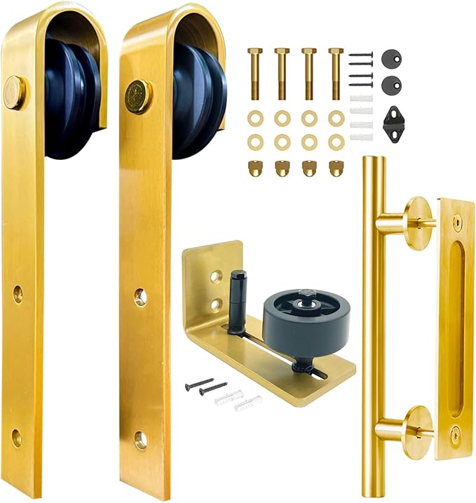 Rio Salto Brushed Gold Barn Door Hardware Set – Inc. Sliding Barn Door Rollers, Floor Guide Wall Mount, 12" Hand Pull Handle – Fits 1 3/8" & 1 3/4" Door Panels Supports 170 lbs – Track Not Included