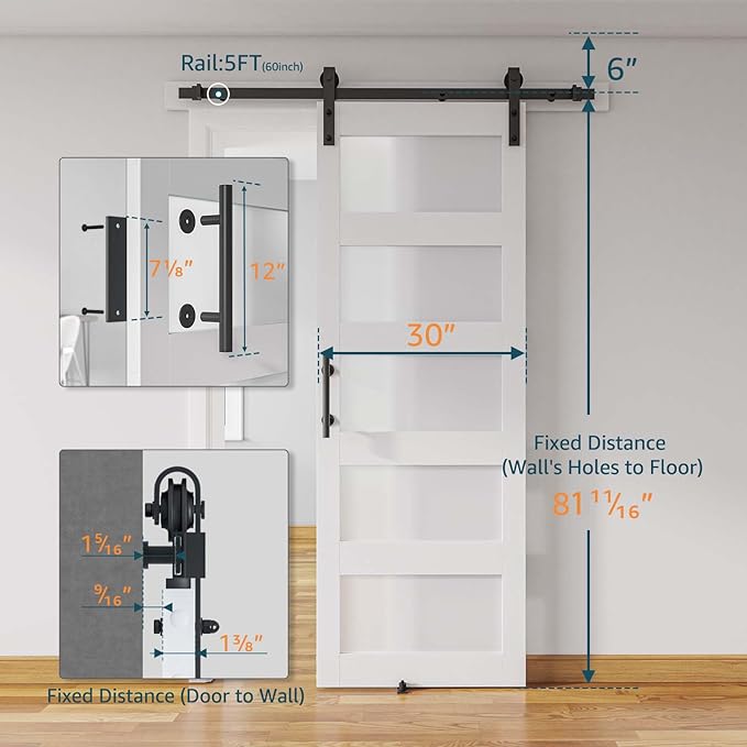 30'' x 80'' Glass Barn Door and 5 Ft Hardware Kit Included, MDF White Barn Door Slab with Frosted Glass, PVC Surface, Combined with Handle and Floor Guide-Assembly Required, White