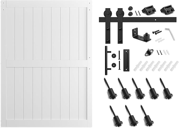 SmartStandard 60 x 84 inch White Sliding MDF Barn Door with 10FT Black Sliding Door Hardware Kit & Handle, Pre-Drilled Ready to Assemble, Waterproof PVC Coating, H-Frame