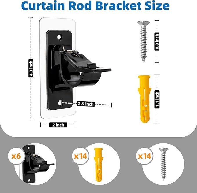 6 Pack Self Adhesive Rod Brackets, No Drill Needed Curtain Rod Holders, Nail Free Stick on Curtain Rod Hooks, Curtain Hangers for Bathroom, Bedroom, Livingroom, Hold up to 20lbs on Smooth Surface