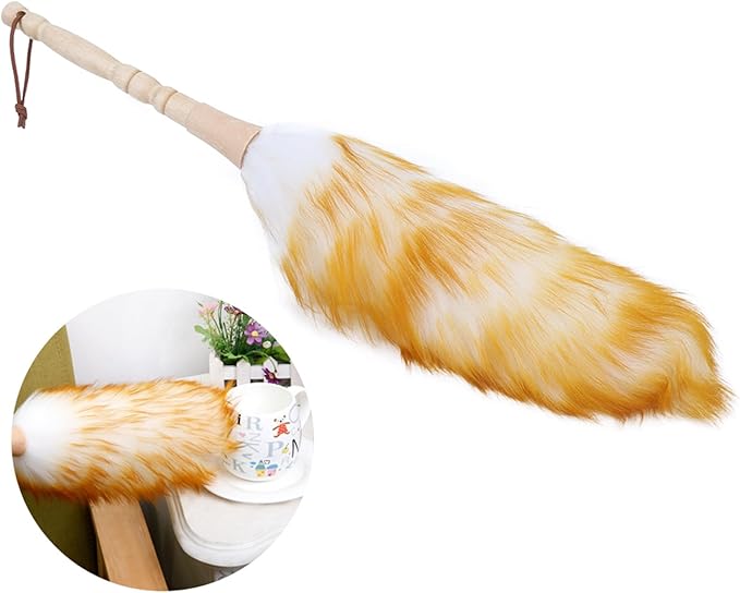 Lambswool Duster with Solid Wooden Handle, Antistatic Soft Wool Duster Dust Cleaner, 19.7in Household Furniture Cleaning Tool