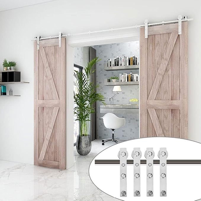 TSMST 8FT Sliding Barn Door Hardware Kit, Stainless Steel Heavy Duty Sturdy Barn Door Track for Double Wood Door, Slide Smoothly Quietly (L Style)