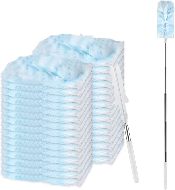 ITTAR 30 Count Duster Refill kit, Duster for Cleaning with Extension Pole, Microfiber Dust Remove Supplies, Fan Feather Dusters for Cleaning Home, Ceiling Fan, Blinds, Furniture, Vent & Shelves-Blue