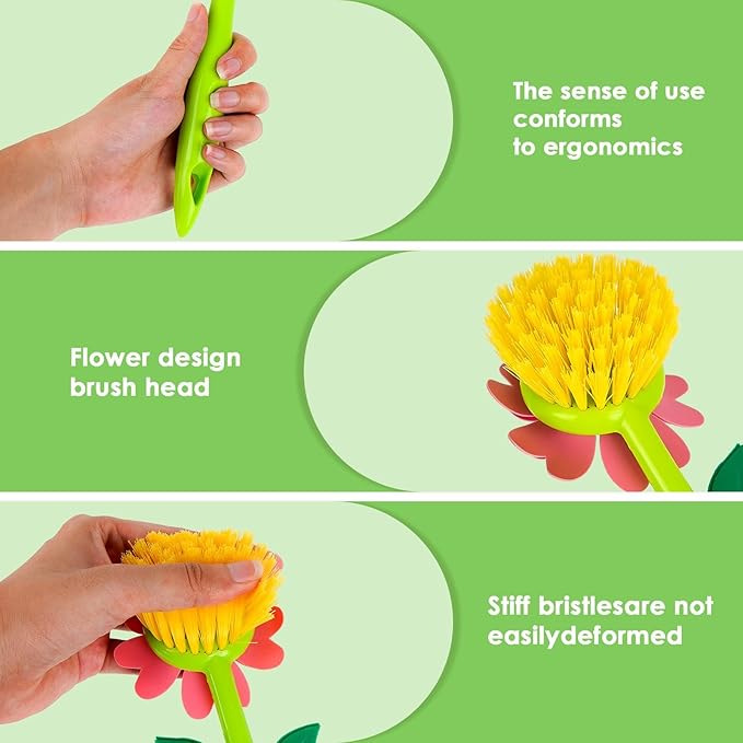 Long Handle Vegetable and Fruit Brush, Florganic Dish Brush with Vase, Long Handle Dish Brush Kitchen, for Cleaning Pot Pan Sink Kitchen Supplies Decorative Vase (2 Pcs Green, Pink)