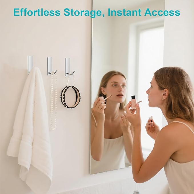 Small Self Adhesive Hooks for Walls No Damage, 6-Pack Stainless Steel Stick on Hooks for Hanging Towel Key Hat Bag Jewelry, Sticky Hangers for Kitchen Bathroom Door (Silver(6pcs))