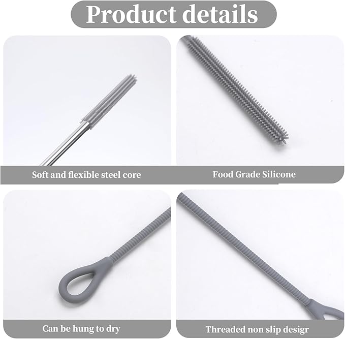 2Pcs Silicone Straw Cleaning Brushes, Extra Long, Used for Cleaning Glass Metal Smoothie Straws and StrawCups,Non-Slip Handle Soft and Bendable, 6mm+9mm. (Gray)