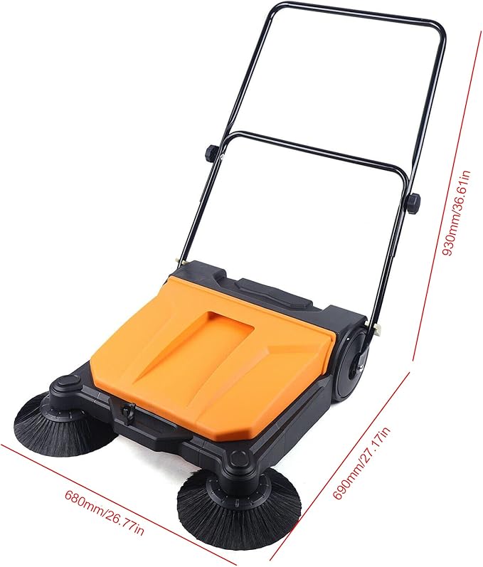 Industrial Floor Sweeper 26" 15L Hand-Push Sweeping Sweeper 360° Rotary Sweeper for Indoor Outdoor Orange