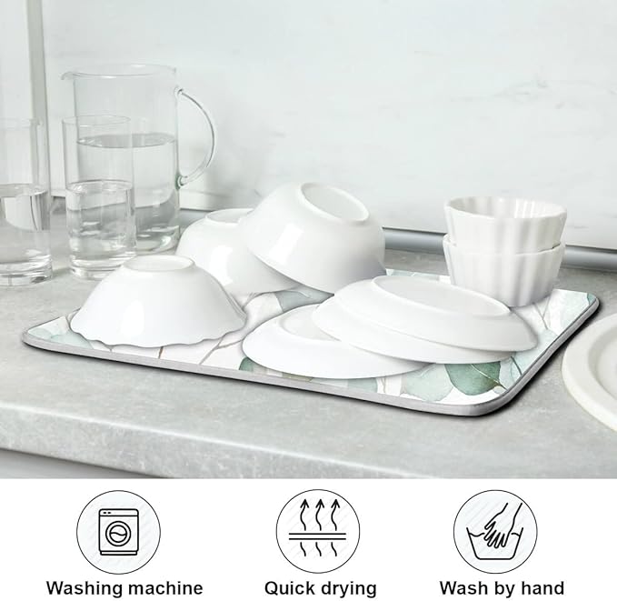 Green Leaves Dish Drying Mat 16x18 for Kitchen Counter Watercolor Herbs Women Kitchen Drying Mats Dishes Pad Absorbent Fast Dry Dish Draining Mats Medium Kitchen Accessories