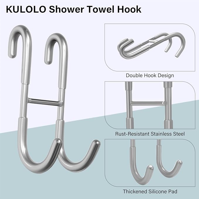 Shower Door Hooks for Towels & Squeegee - No Drill Bathroom Hooks for Frameless Glass Door, Shiny Silver Stainless Steel with Anti-Slip Rubber (2 Pack)