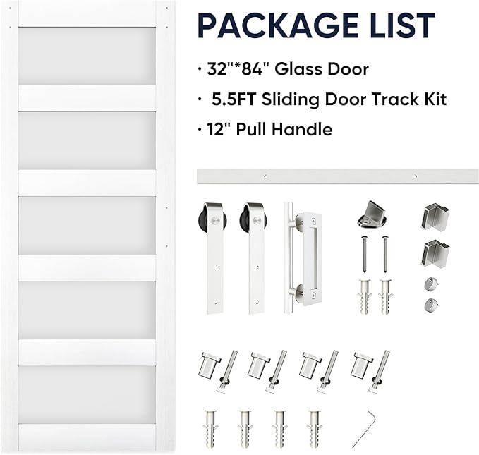 BARNSMITH 32in x 84in Glass Barn Door with 5.5FT Brushed Nickle Sliding Door Hardware Included & Handle,5-Panel Frosted Glass Solid Wood Water-Proof PVC Surface,Pre-Drilled Easy Assembly,White