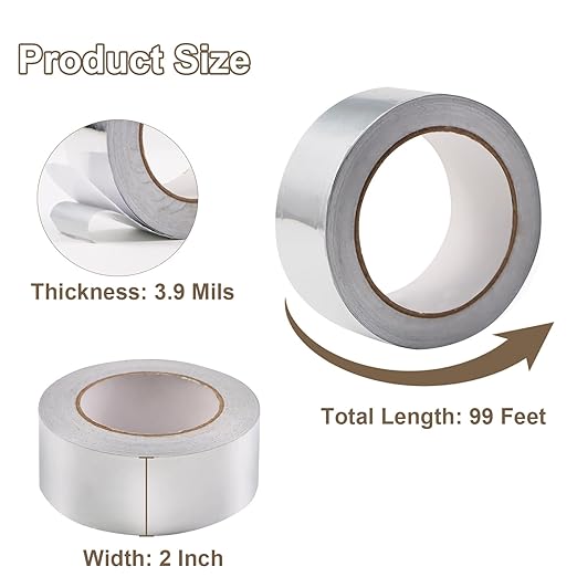 Aluminum Foil Tape 2 Inch x 99Ft (3.9 Mil) Heavy Duty Waterproof High Temperature Sealing and Patching for Ductwork Furnace HVAC Indoor Outdoor Repairs