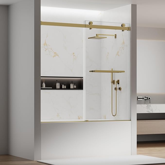 56-60" W x 60" H Double Sliding Bathtub Shower Door, 5/16" (8mm) Tempered Glass Frameless Shower Glass Door, Double Nano Coating, Pull Towel Rack (Brushed Gold)