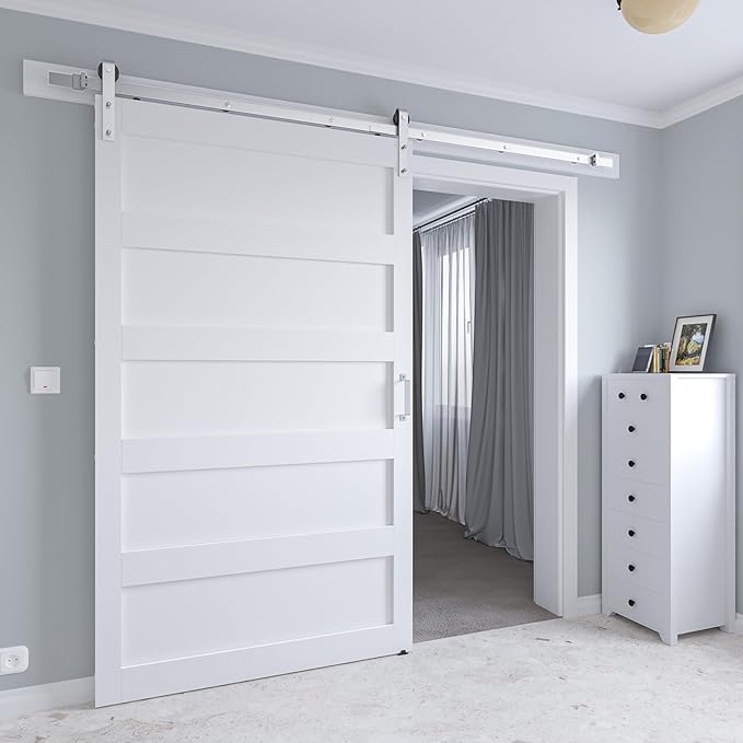 48in x 96in White Sliding Barn Door with 8ft Brushed Nickel Barn Door Hardware Kit & Handle, 5-Panel, Pre-Drilled Holes Easy Assembly, Water-Proof PVC Surface