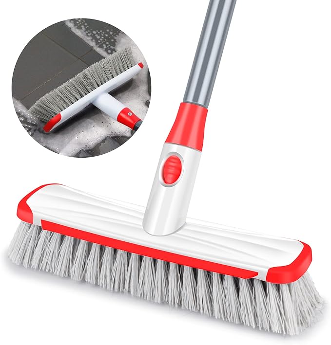 Floor Scrubber with Long Handle, 2 in 1 Scrubbing Brush Stiff Bristle Shower Cleaning Brush for Bathroom, Kitchen, Tub, Carpet, Grout, Tile(White)