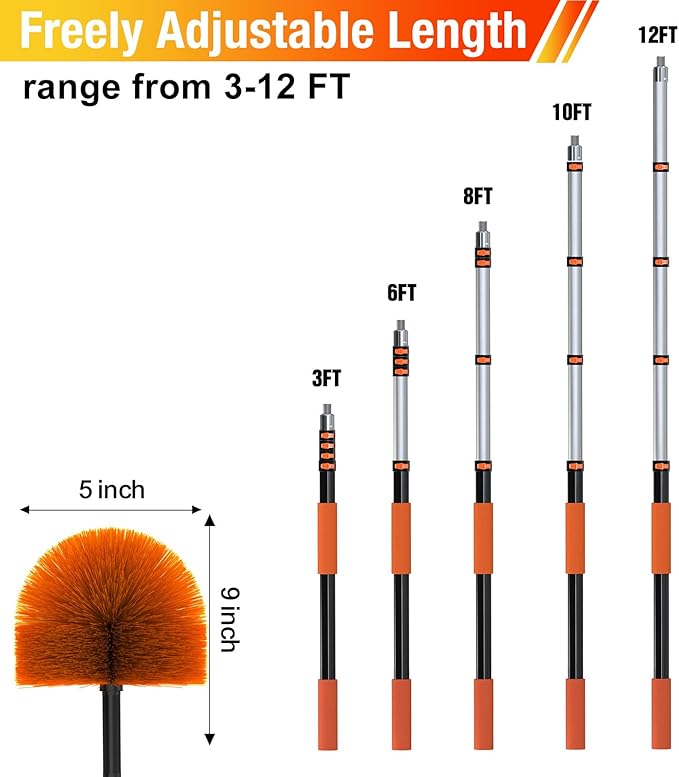 12FT Cobweb Duster with Extension Pole, Spider Web Brush for Cleaning Extendable, Professional Ceiling and Corner Dusters for Outdoor Indoor Use