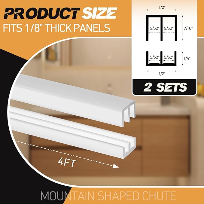Landical 2 Sets 4FT Sliding Door Track for 1/8" Thick Panels Closet Glass Doors Plastic Cabinet Window Sliding Track (White)