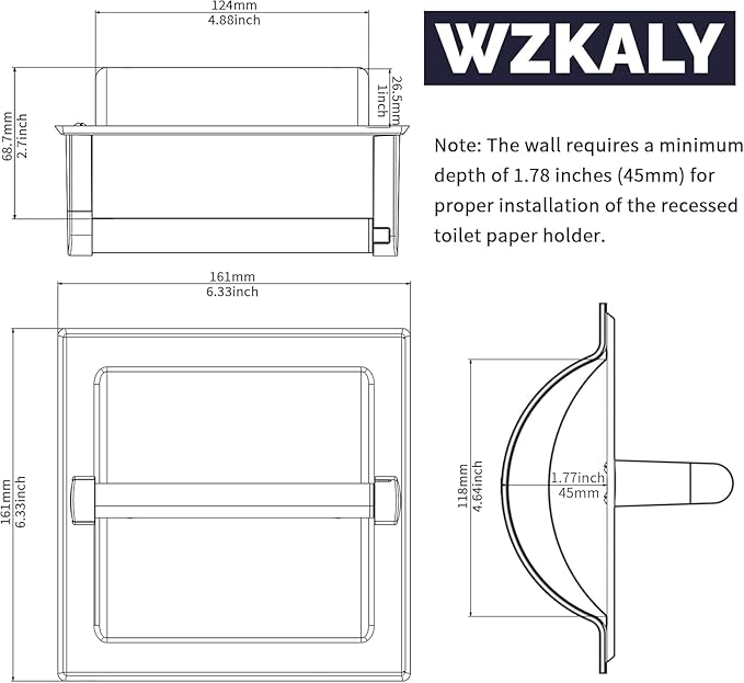 Polished Chrome Recessed Toilet Paper Holder, Bathroom Wall Mount Recessed Pivoting Toilet Tissue Roll Paper Holder Include Rear Mounting Bracket