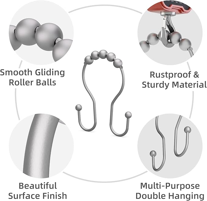 Shower Curtain Hooks Silver, Bathway Shower Curtain Rings Rust Proof, Shower Hooks for Shower Curtain Balanced Smooth Glide Double Shower Curtain Hooks, 12 Pcs