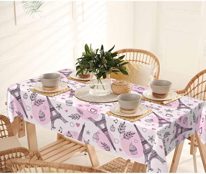Paris Eiffel Tower Table Cover 52x70 Love Heart Coffee Cake Pink Table Cloth Rectangle Table for Banquet Party Decorative Outdoor Picnic Dining Kitchen Table Cover