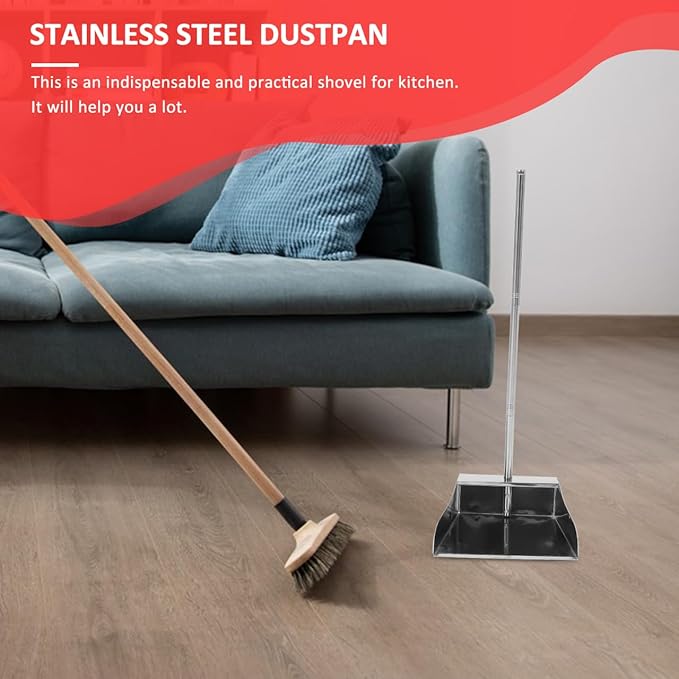 Cabilock Stainless Steel Upright Dustpan with Long Handle Heavy Duty Metal Dust Pan for Home Cleaning Floor Debris Removal 28.34X10.03X8.54 Inches No Bent Over Garbage Shovel
