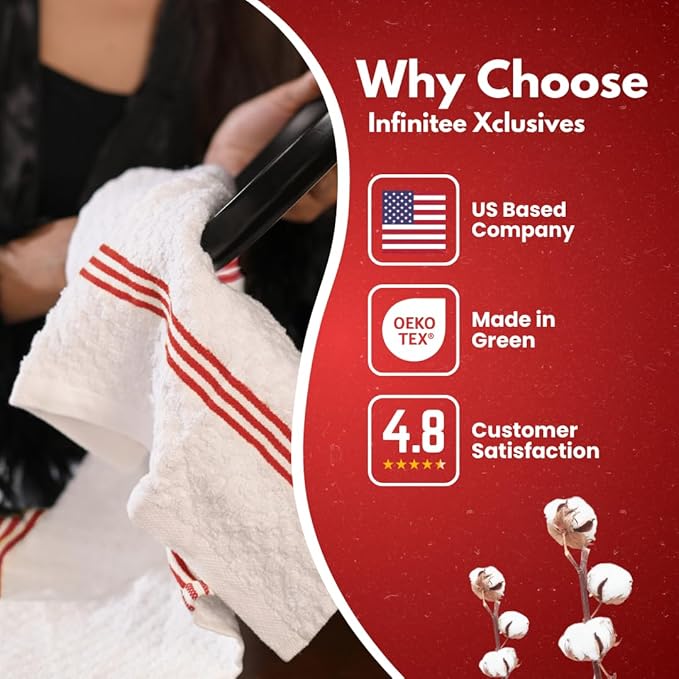 Infinitee Xclusives 100% Cotton Kitchen Towels - 15x25 Inch Ultra Soft Tea Towels, Super Absorbent Terry Dish Towel for Kitchen Linens |Passionate Red|