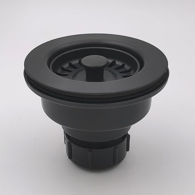 3-1/2 Inch Polymer Black Sink Drain Assembly with Basket Strainer and Stopper for Quartz, Granite or Fireclay Kitchen Sinks