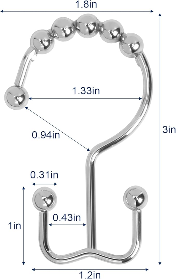 Shower Curtain Hooks,Sturdy Stainless Steel Double Sided Shower Hooks Rings for Bathroom Shower Curtain Rods Curtains Set of 12 Hooks - Chrome