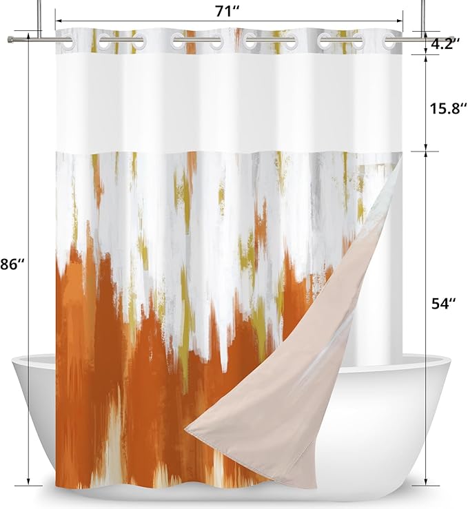 No Hook Shower Curtain with Snap in Liner, Hotel Style Burnt Orange White Gold Brush Strokes Art Modern Shower Curtain Waterpoof Washable with See Through Top Window,71"x86"