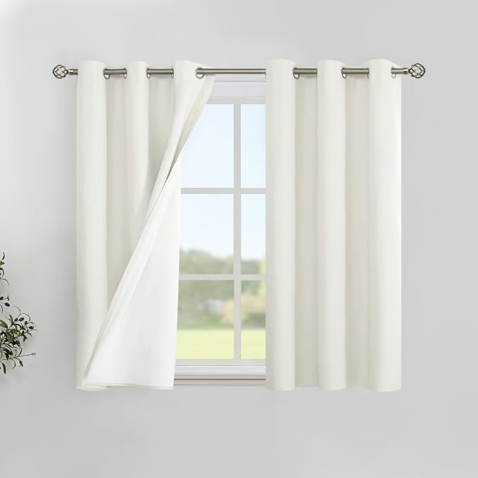 YoungsTex Ivory Linen 100% Blackout Curtains 40 Inch Length, Short Black Out Drapes Thermal Insulated with Grommet for Bedroom Window, 2 Panels, 42 X 40 Inch
