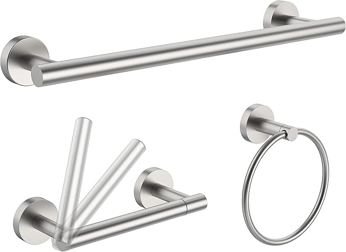 3pc Bathroom Hardware Set with Brushed Toilet Paper Holder & Towel Ring & Towel Bar SUS304 Stainless Steel Toilet Paper Roll Holder Wall Mount & Bathroom Towel Holder & Towel Rack Set