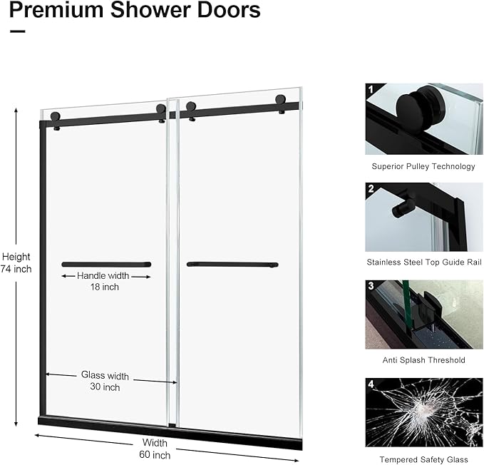 Double Sliding Shower Door, 60" W x 74" H Framed Glass Shower Door with 5/16"(8mm) Clear Tempered Explosion-Proof Film Glass, 18 inch Stainless Steel Handle, Matte Black