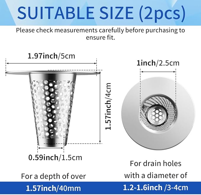 2Pack Bathroom Sink Drain Strainer, Reusable Sink Strainer Bath Tub Hair Catcher, Stainless Steel Cone Shaped Floor Drain Replacement Fit Hole Size 1.2"-1.6"