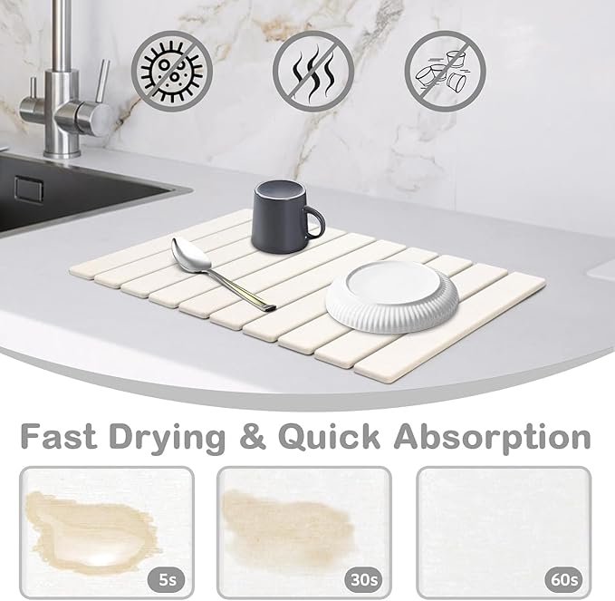 Large Stone Dish Drying Mats for Kitchen Counter, Eco - Friendly Diatomaceous Stone Mats, Non - Slip Collapsible Absorbable Stone Dish Drying Mat for Multi - Purpose, Match Any Countertop, 24"×16"