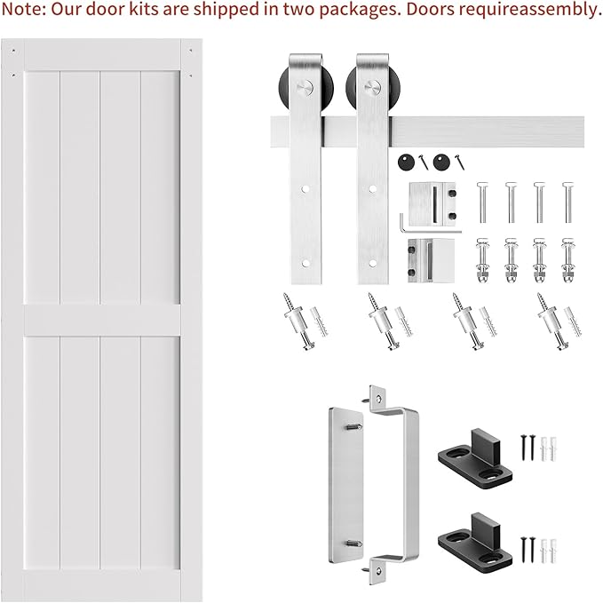 SmartStandard 28 x 84 inch White Slidng MDF Barn Door with 5FT Brushed Nickel Sliding Door Hardware Kit & Handle, Pre-Drilled Ready to Assemble, Waterproof PVC Coating, H-Frame