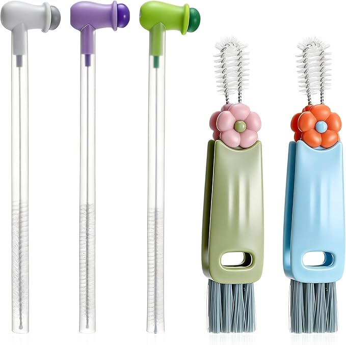 Straw Cleaner Brush Set: 3 Pcs Reusable Pea Long Straw Pipe Cleaner Brushes and 2 Pcs Cup Lid Cleaning Brush for Water Bottles and Tumblers