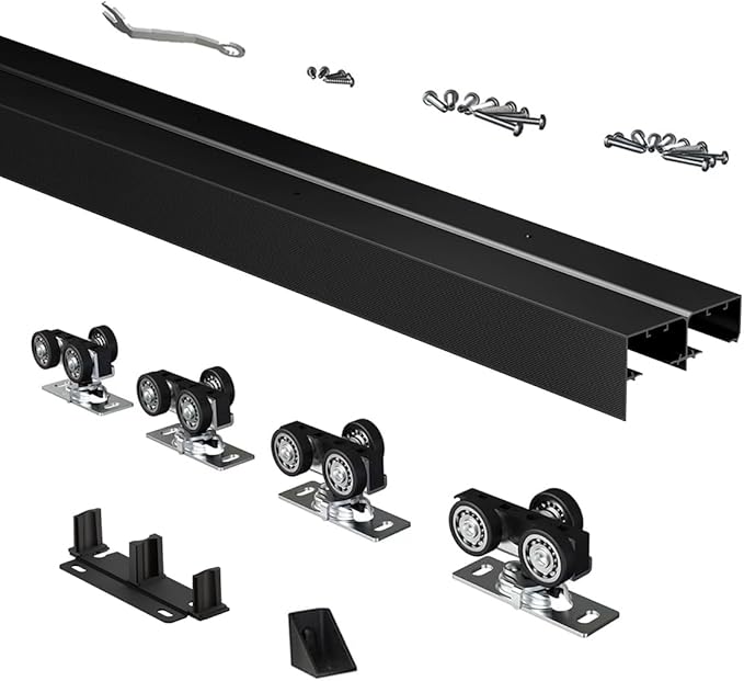 Heavy Duty Bypass Sliding Closet Door Track Hardware 48", 4 FT Aluminium Pocket Door Track Rail Set, Smoothly and Quietly, for 2 Door System,Black