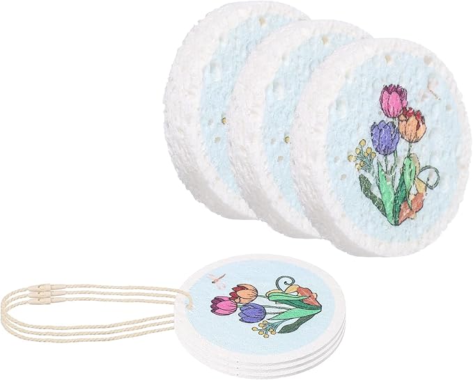 uxcell 6Pcs Cellulose Sponges, Round Kitchen Clean Sponges Non-Scratch Compressed Dish Scrubber with Floral Pattern for Kitchen Household Cookware Bathroom Cleaning & DIY, Light Blue